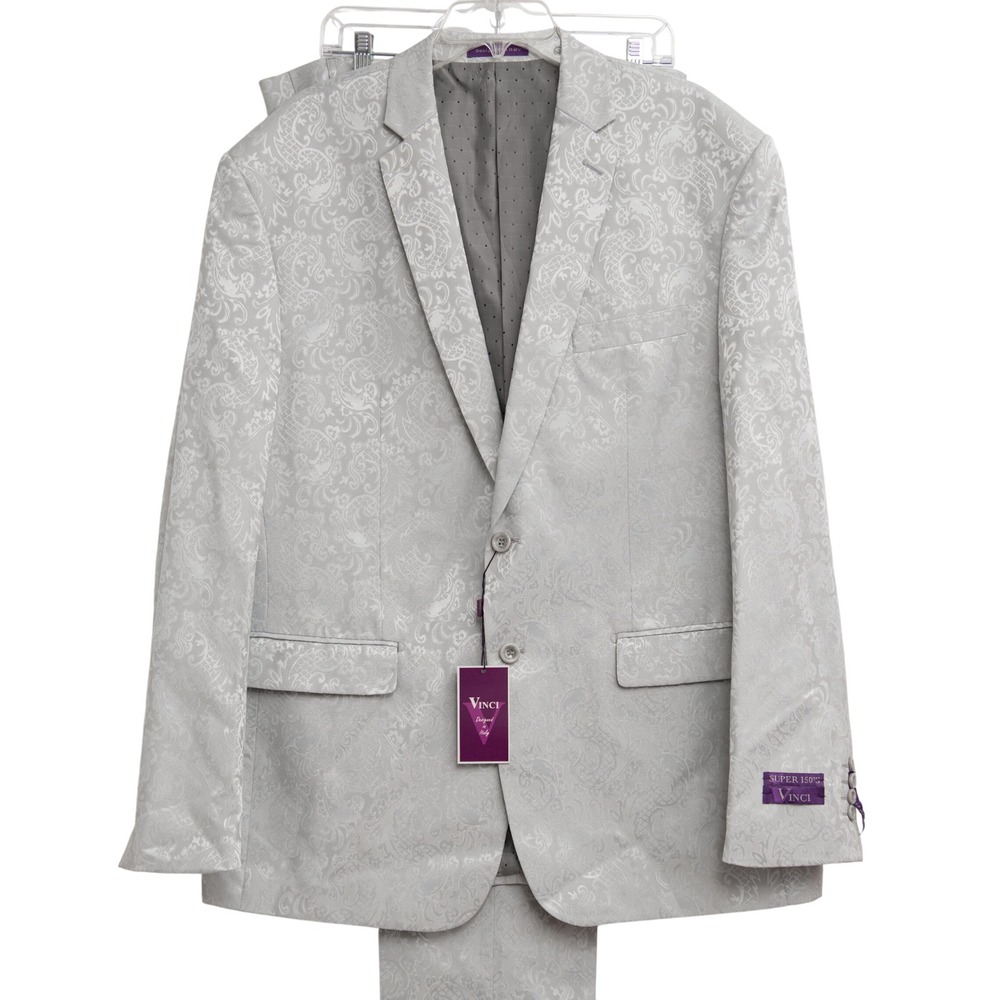 Vinci Italian Suit Silver Paisley Damask Slim Fit Formal 2 Piece Suit Dapper Tux
